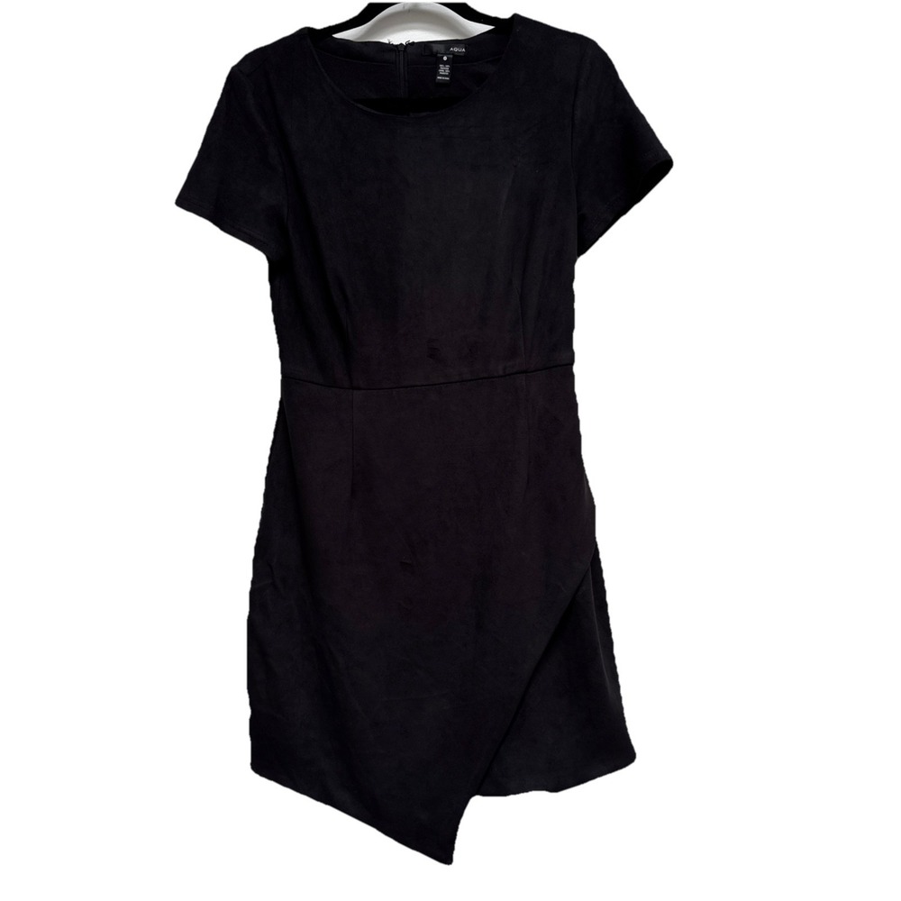 Aqua Womens Black Faux-Suede Zipper-Front Short-Sleeve V-Neck Dress Size‎ M